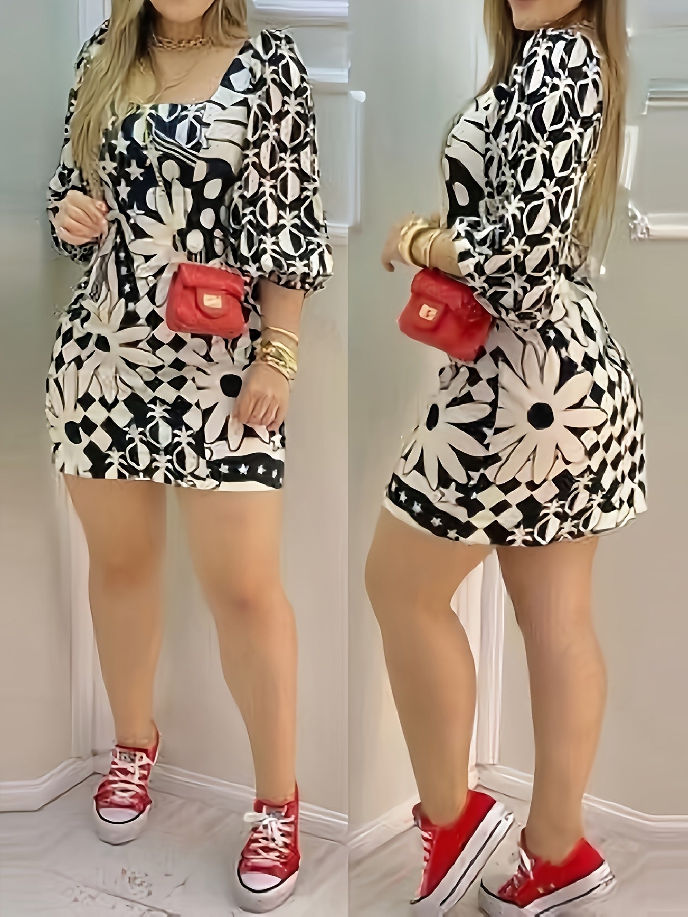 Women's Elegant Geometric Print Lantern Sleeve Square Neck Mini Dress - Black & White Polyester A-Line Dress, Machine Washable, All-Season Chic Outfit, Stylish Daywear | Square Neckline Dress | Sleek Finish Dress